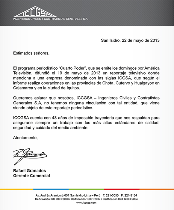 Carta aclaratoria ICCGSA - Sobre reportaje en Cuarto Poder | ICCGSA